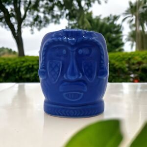Blue Tiki Head Votive Holder & Candle Small Ceramic New In Box